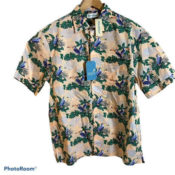 CARIBBEAN R&Y Shirt Short Sleeve Camp Hawaiian Parrot Floral Cotton Sz Large $69 - Picture 3 of 5